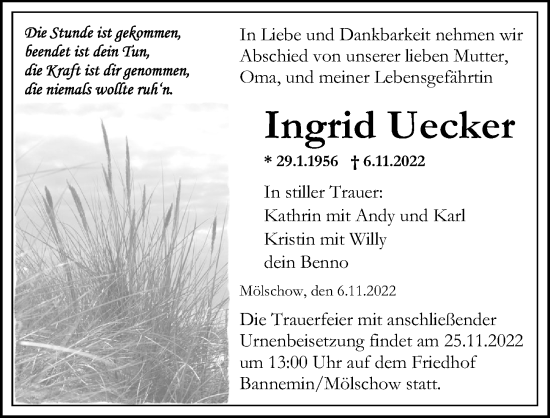 Traueranzeige von Ingrid Uecker von Ostsee-Zeitung GmbH