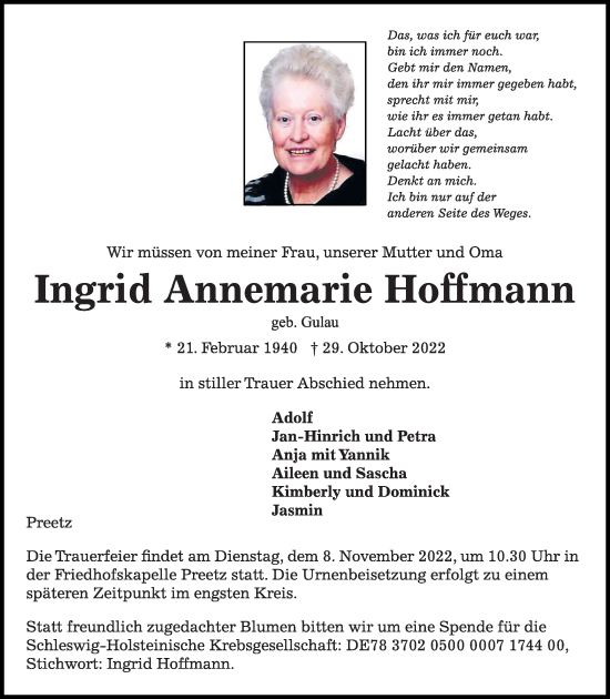 Traueranzeige von Ingrid Annemarie Hoffmann von Kieler Nachrichten