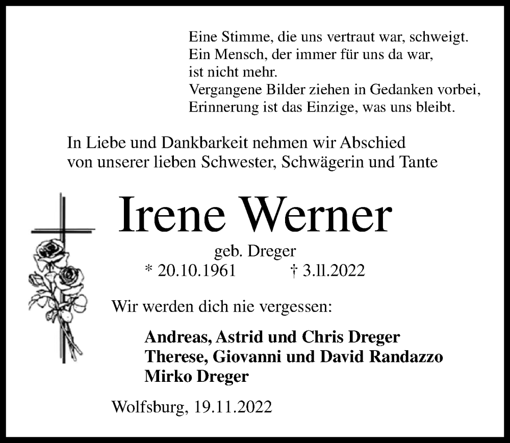  Traueranzeige für Irene Werner vom 19.11.2022 aus Aller Zeitung