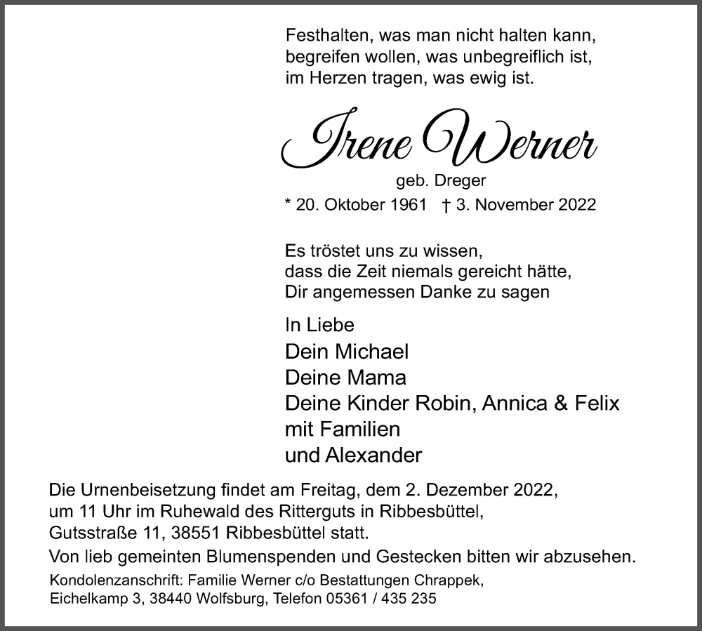  Traueranzeige für Irene Werner vom 19.11.2022 aus Aller Zeitung