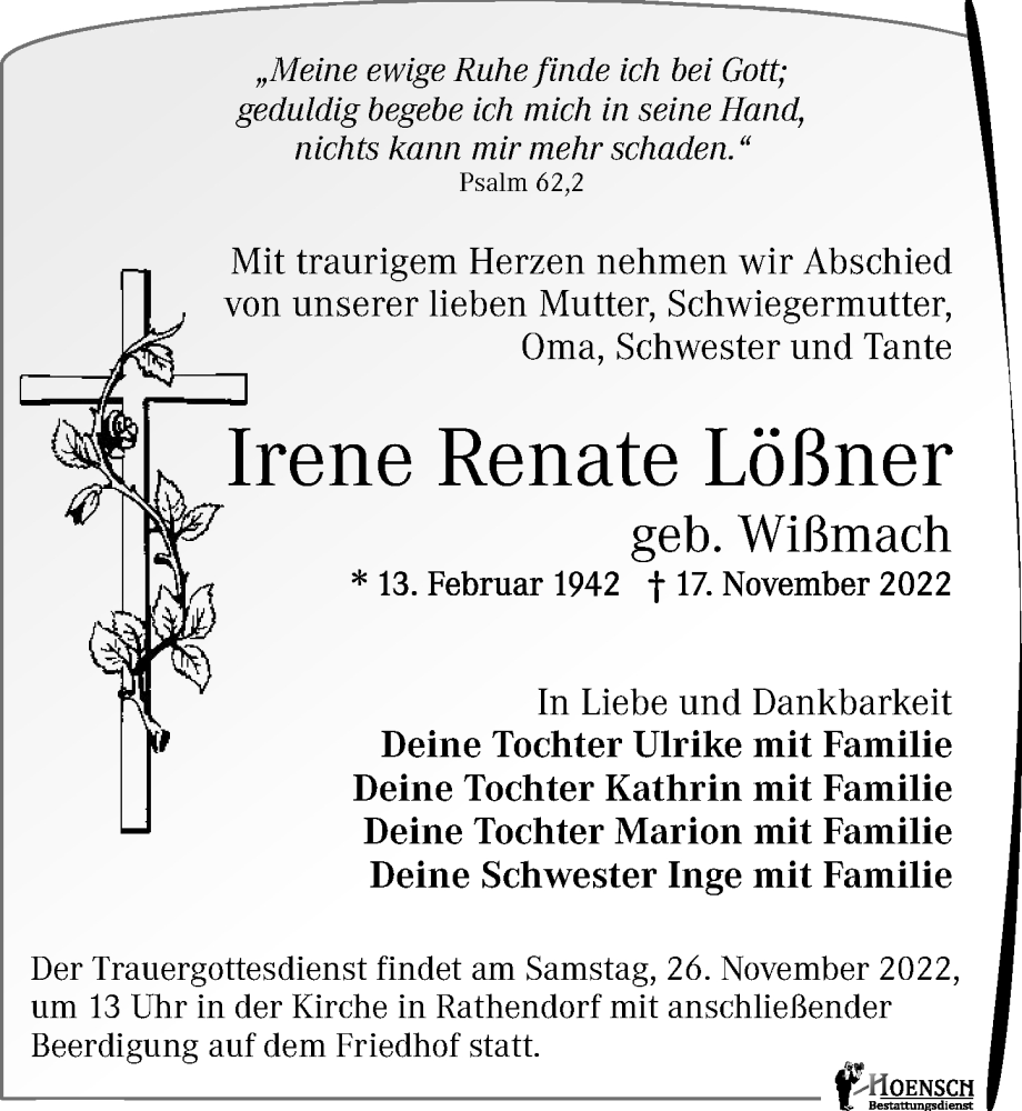  Traueranzeige für Irene Renate Lößner vom 23.11.2022 aus Leipziger Volkszeitung
