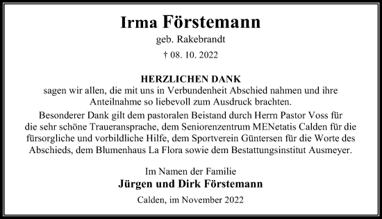 Traueranzeige von Irma Förstemann von Göttinger Tageblatt