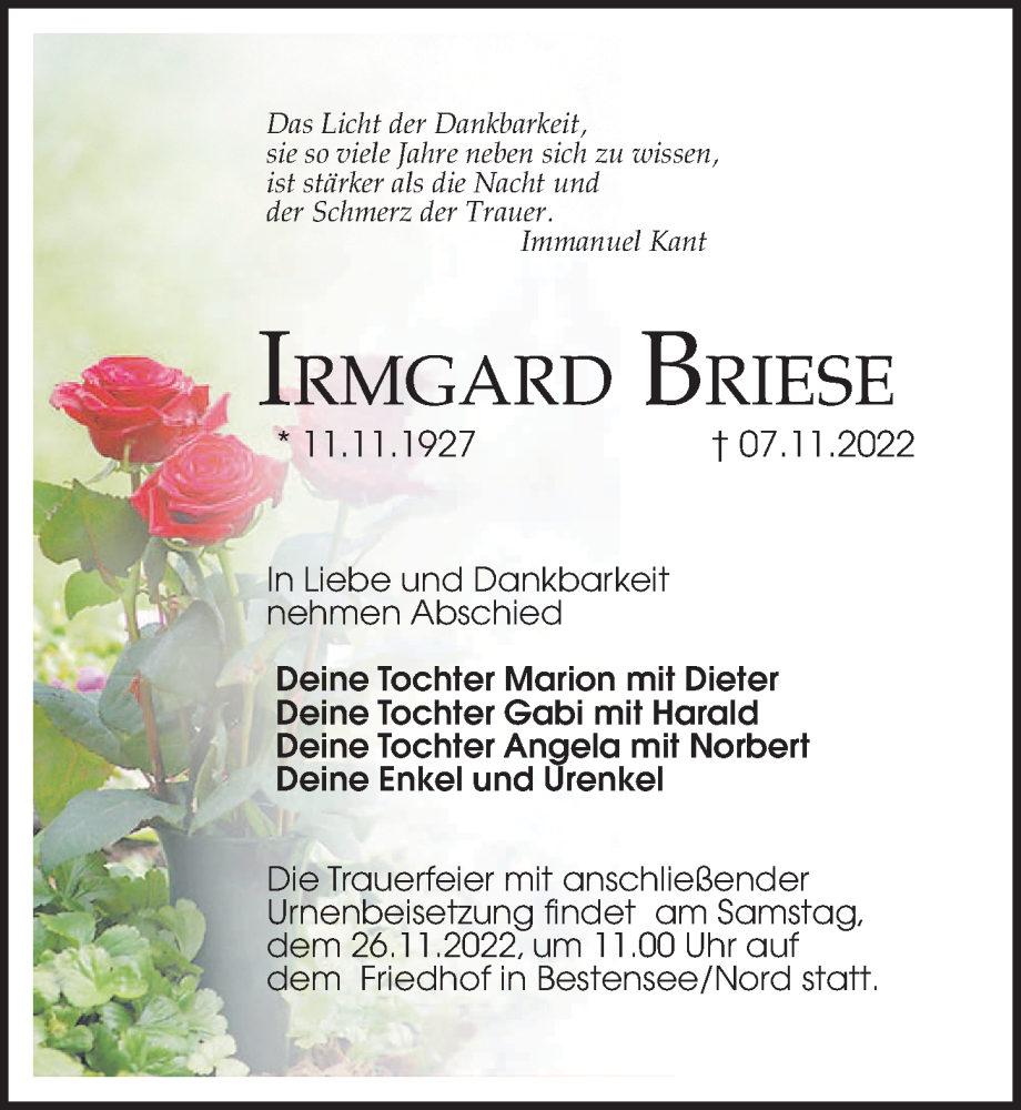  Traueranzeige für Irmgard Briese vom 12.11.2022 aus Märkischen Allgemeine Zeitung