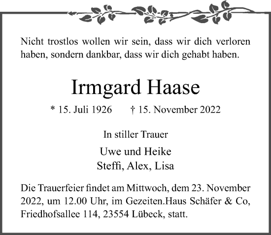 Traueranzeige von Irmgard Haase von Lübecker Nachrichten