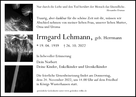 Traueranzeige von Irmgard Lehmann von Märkischen Allgemeine Zeitung