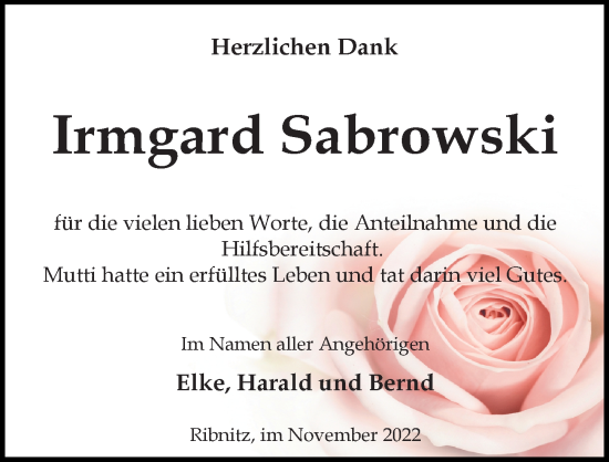 Traueranzeige von Irmgard Sabrowski von Ostsee-Zeitung GmbH