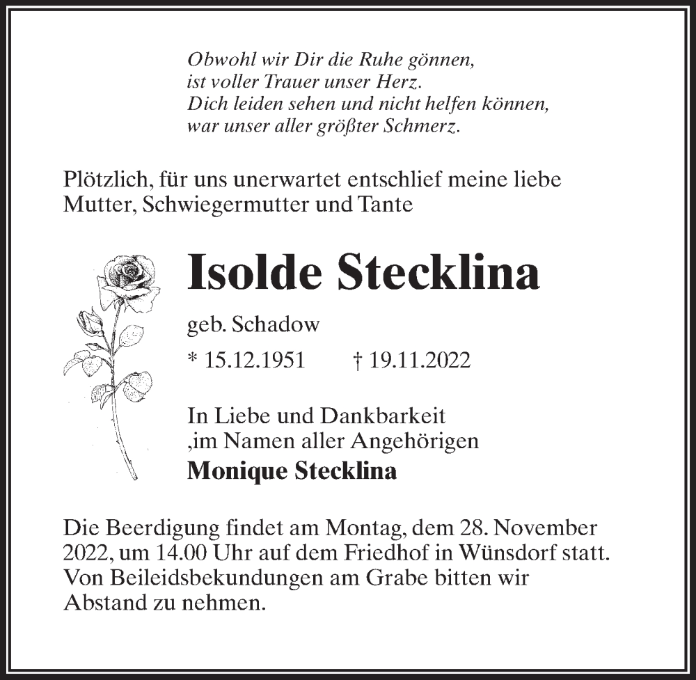  Traueranzeige für Isolde Stecklina vom 23.11.2022 aus Märkischen Allgemeine Zeitung