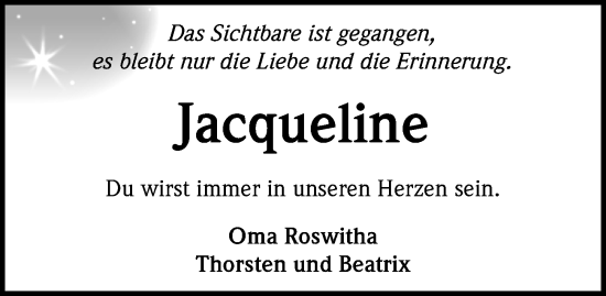 Traueranzeige von Jacqueline  von Peiner Allgemeine Zeitung