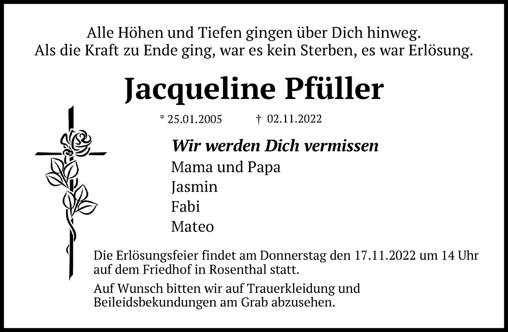  Traueranzeige für Jacqueline Pfüller vom 12.11.2022 aus Peiner Allgemeine Zeitung