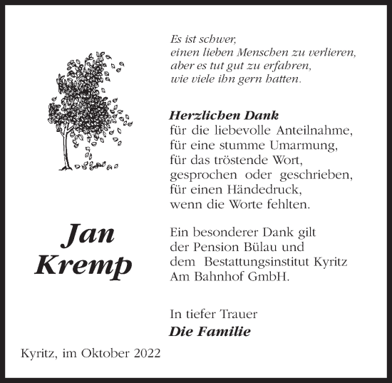 Traueranzeige von Jan Kremp von Märkischen Allgemeine Zeitung