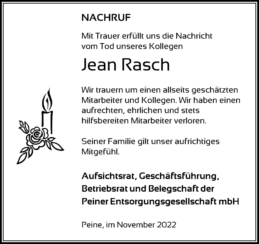  Traueranzeige für Jean Rasch vom 26.11.2022 aus Peiner Allgemeine Zeitung