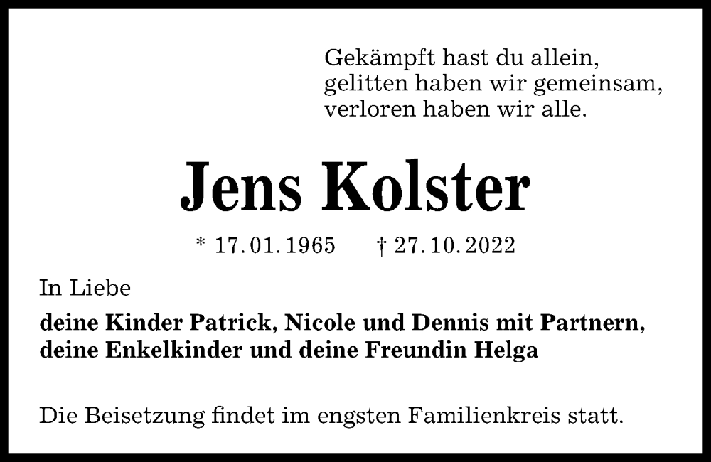  Traueranzeige für Jens Kolster vom 19.11.2022 aus Kieler Nachrichten