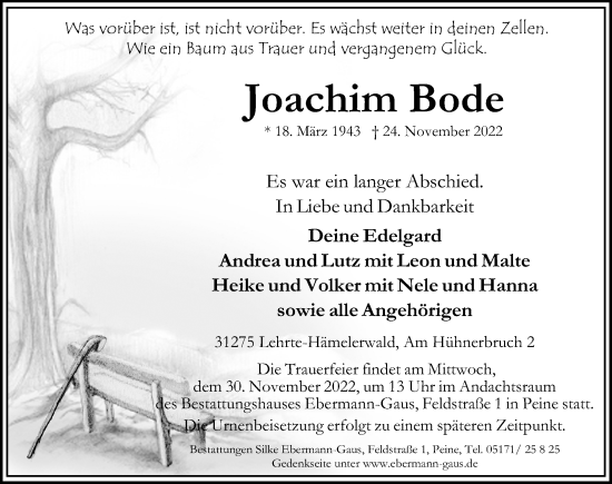 Traueranzeige von Joachim Bode von Hannoversche Allgemeine Zeitung/Neue Presse