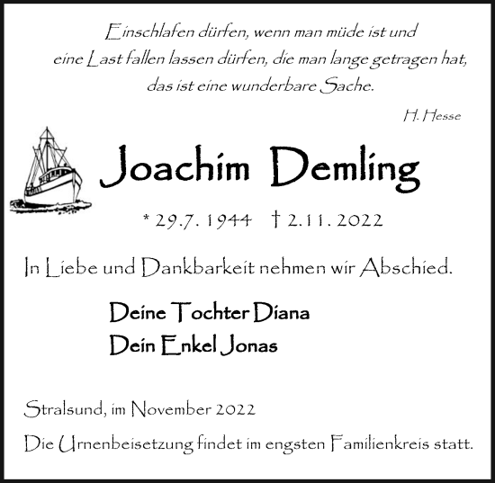 Traueranzeige von Joachim Demling von Ostsee-Zeitung GmbH