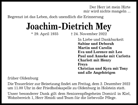 Traueranzeige von Joachim-Dietrich Mey von Kieler Nachrichten