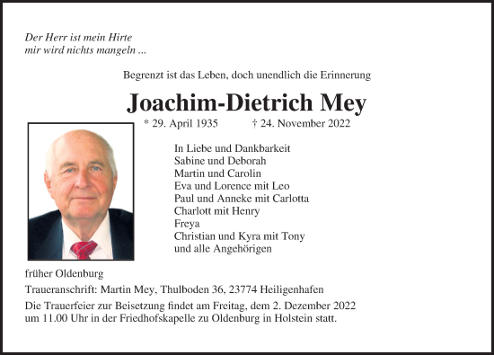 Traueranzeige von Joachim-Dietrich Mey von Lübecker Nachrichten