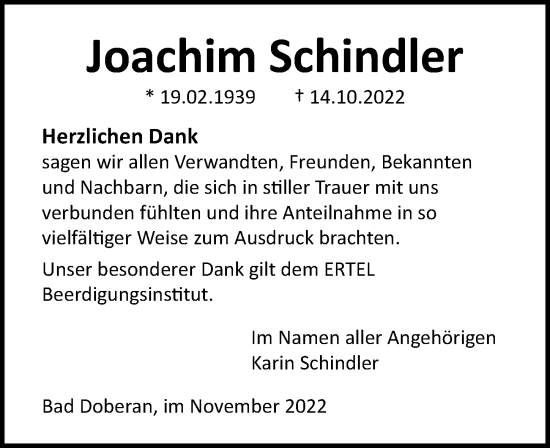 Traueranzeige von Joachim Schindler von Ostsee-Zeitung GmbH