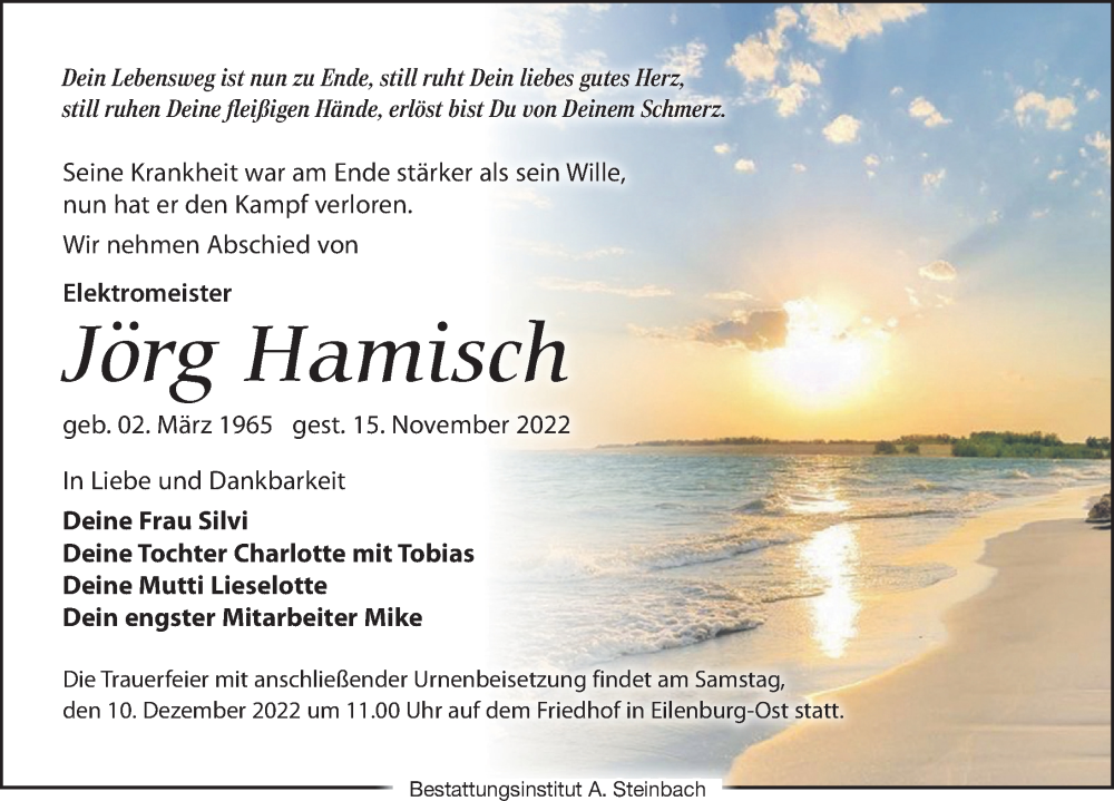  Traueranzeige für Jörg Hamisch vom 19.11.2022 aus Leipziger Volkszeitung