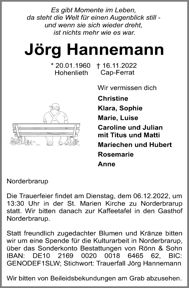 Traueranzeige für Jörg Hannemann vom 26.11.2022 aus Kieler Nachrichten