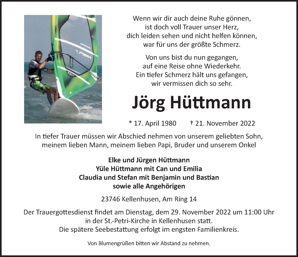  Traueranzeige für Jörg Hüttmann vom 26.11.2022 aus Lübecker Nachrichten
