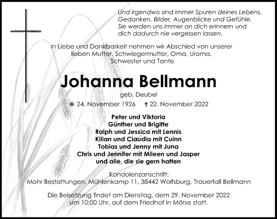 Traueranzeige von Johanna Bellmann von Aller Zeitung