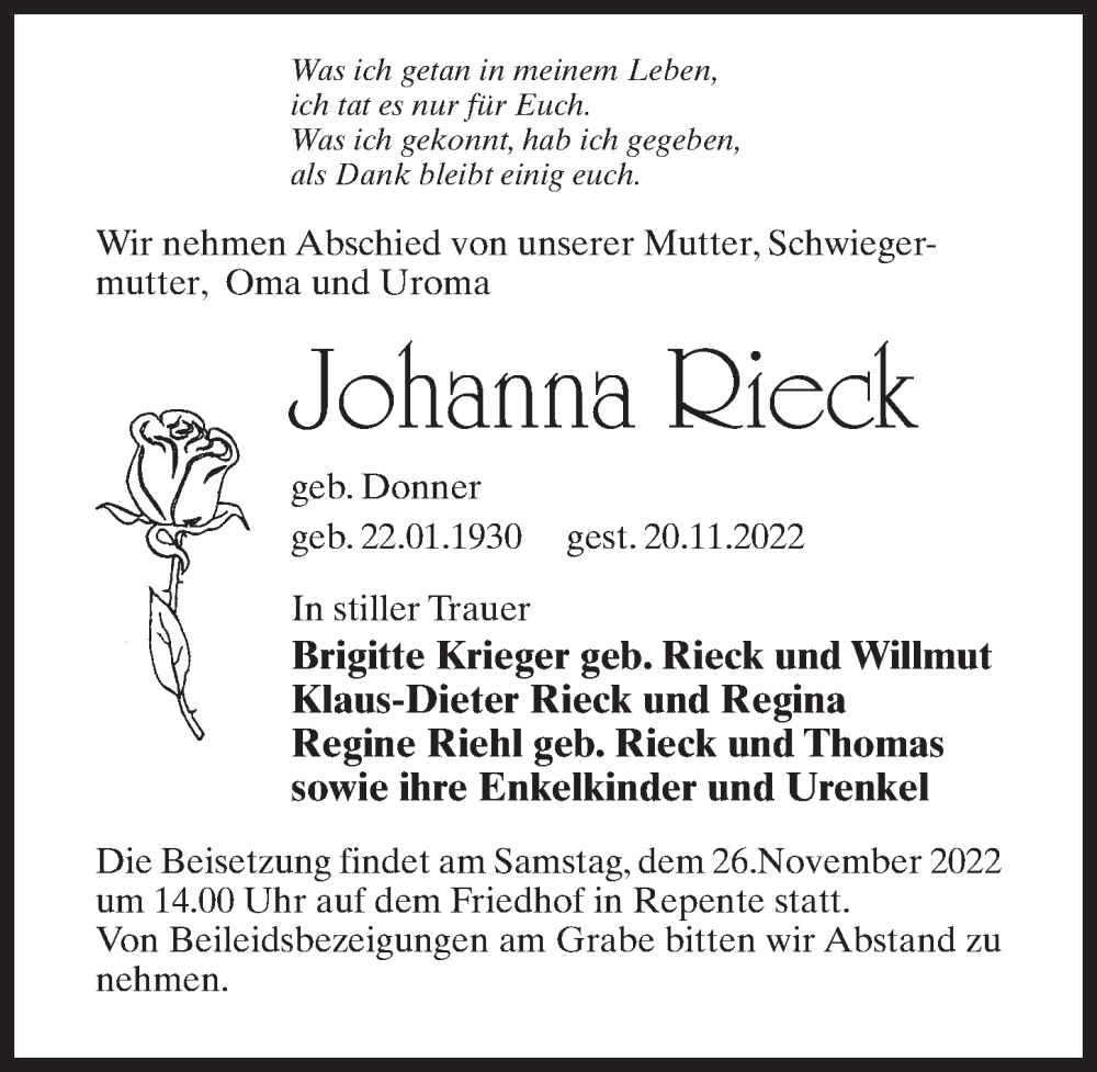  Traueranzeige für Johanna Rieck vom 24.11.2022 aus Märkischen Allgemeine Zeitung