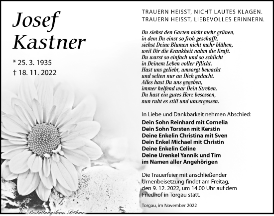 Traueranzeige von Josef Kastner von Torgauer Zeitung