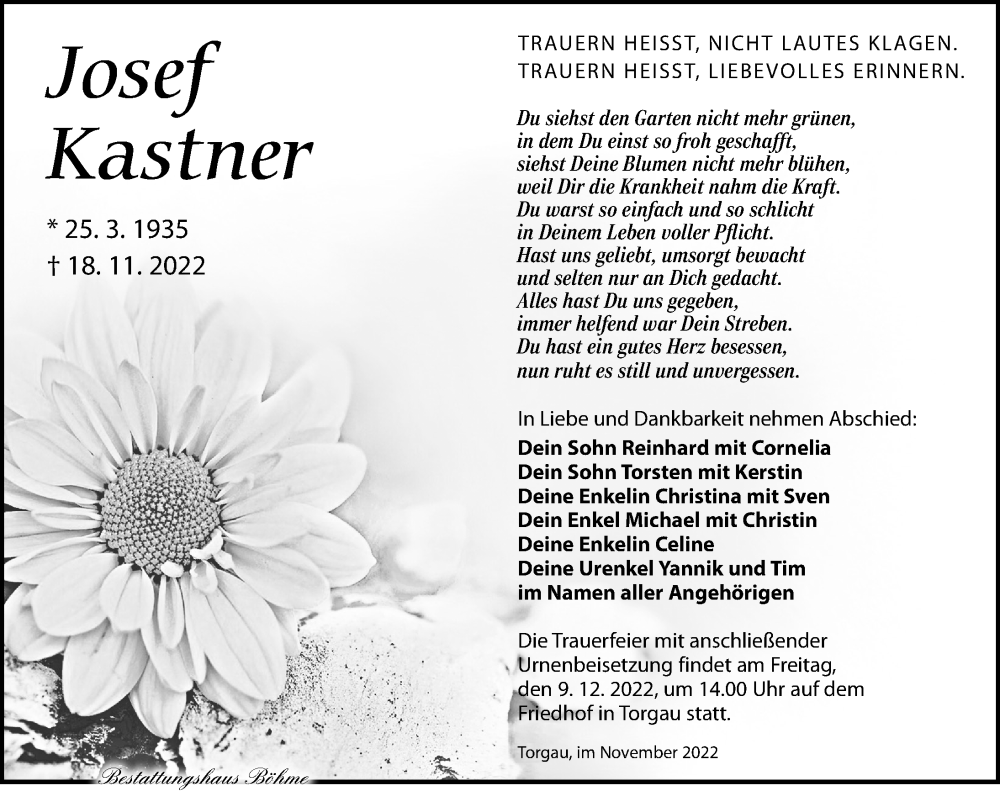  Traueranzeige für Josef Kastner vom 26.11.2022 aus Torgauer Zeitung