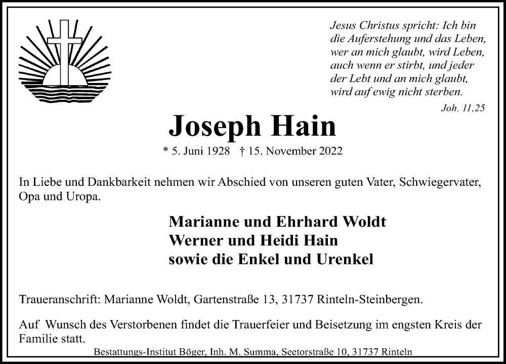  Traueranzeige für Joseph Hain vom 19.11.2022 aus Schaumburger Nachrichten