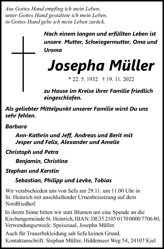 Traueranzeige von Josepha Müller von Kieler Nachrichten
