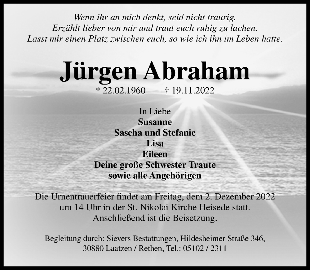  Traueranzeige für Jürgen Abraham vom 26.11.2022 aus Hannoversche Allgemeine Zeitung/Neue Presse