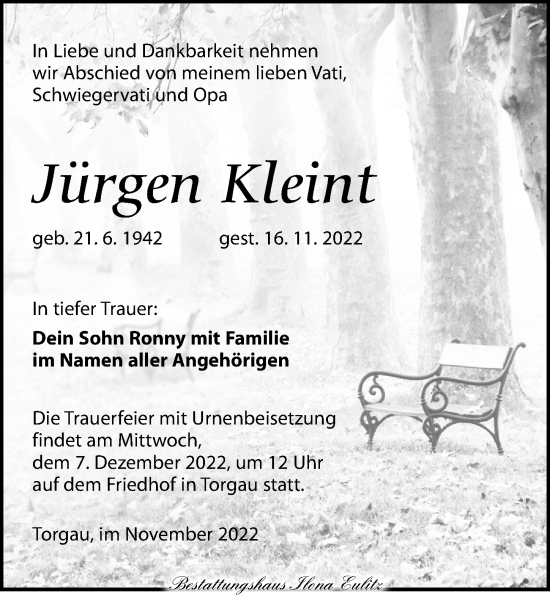 Traueranzeige von Jürgen Kleint von Torgauer Zeitung