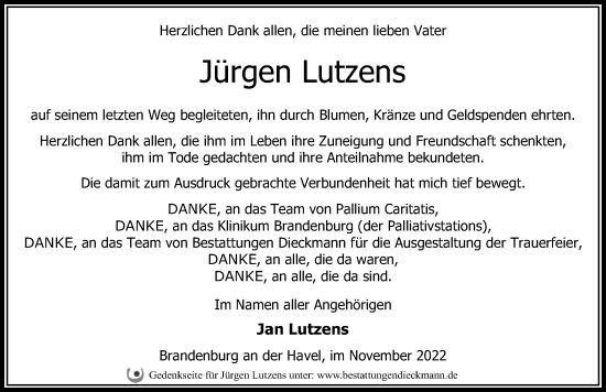 Traueranzeige von Jürgen Lutzens von Märkischen Allgemeine Zeitung