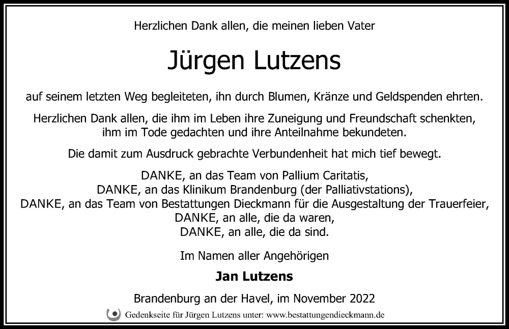  Traueranzeige für Jürgen Lutzens vom 05.11.2022 aus Märkischen Allgemeine Zeitung