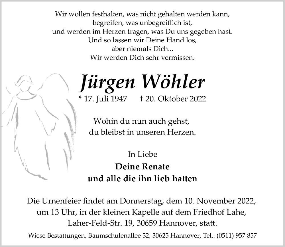  Traueranzeige für Jürgen Wöhler vom 05.11.2022 aus Hannoversche Allgemeine Zeitung/Neue Presse