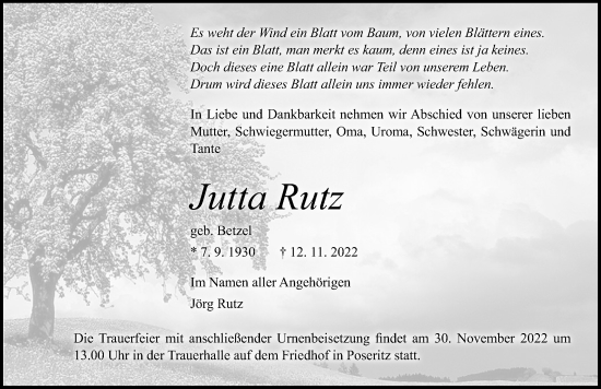 Traueranzeige von Jutta Rutz von Ostsee-Zeitung GmbH