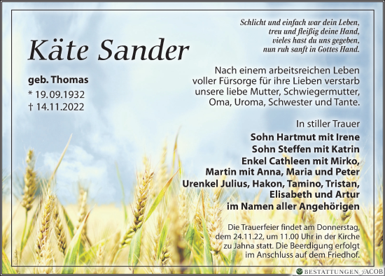 Traueranzeige von Käte Sander von Leipziger Volkszeitung
