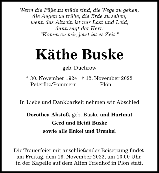 Traueranzeige von Käthe Buske von Kieler Nachrichten