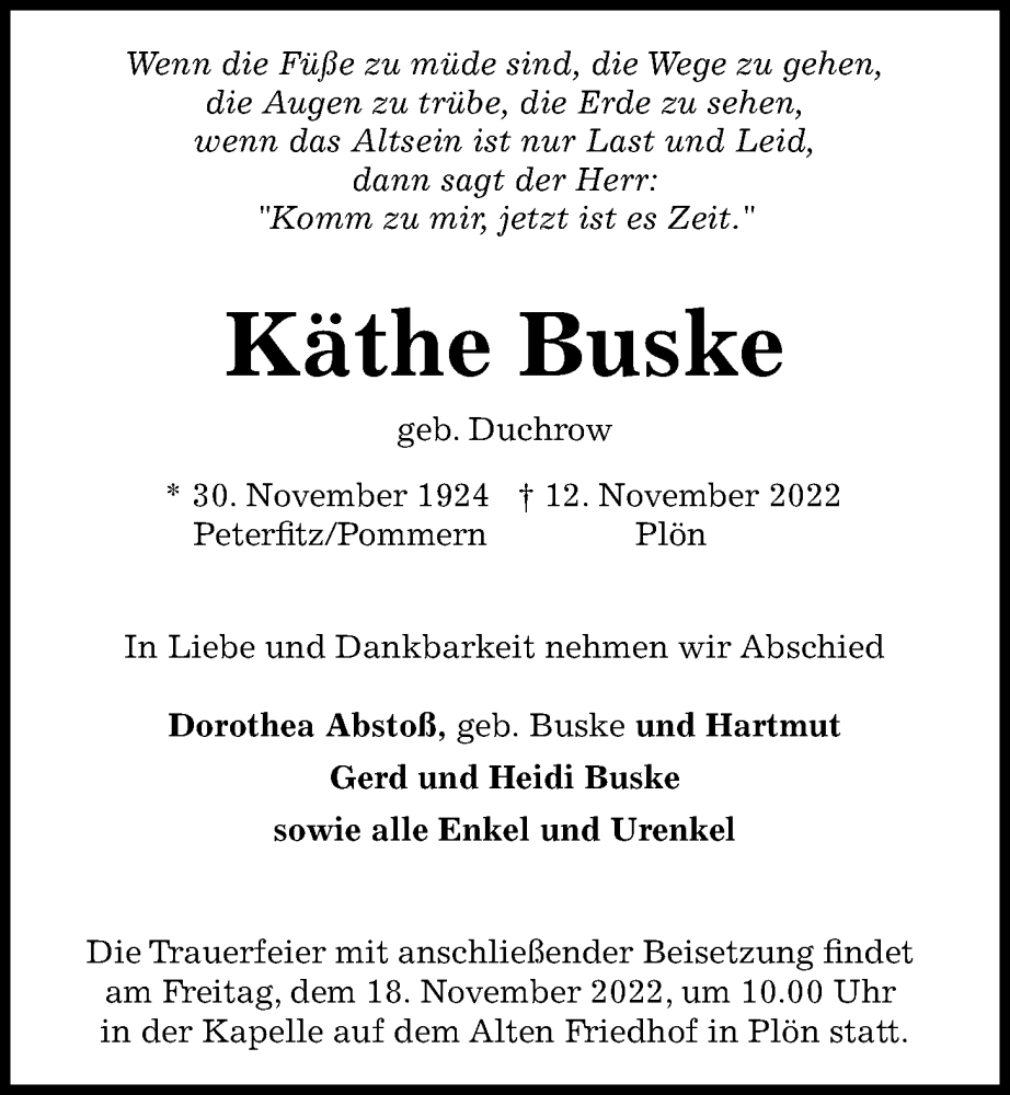  Traueranzeige für Käthe Buske vom 16.11.2022 aus Kieler Nachrichten