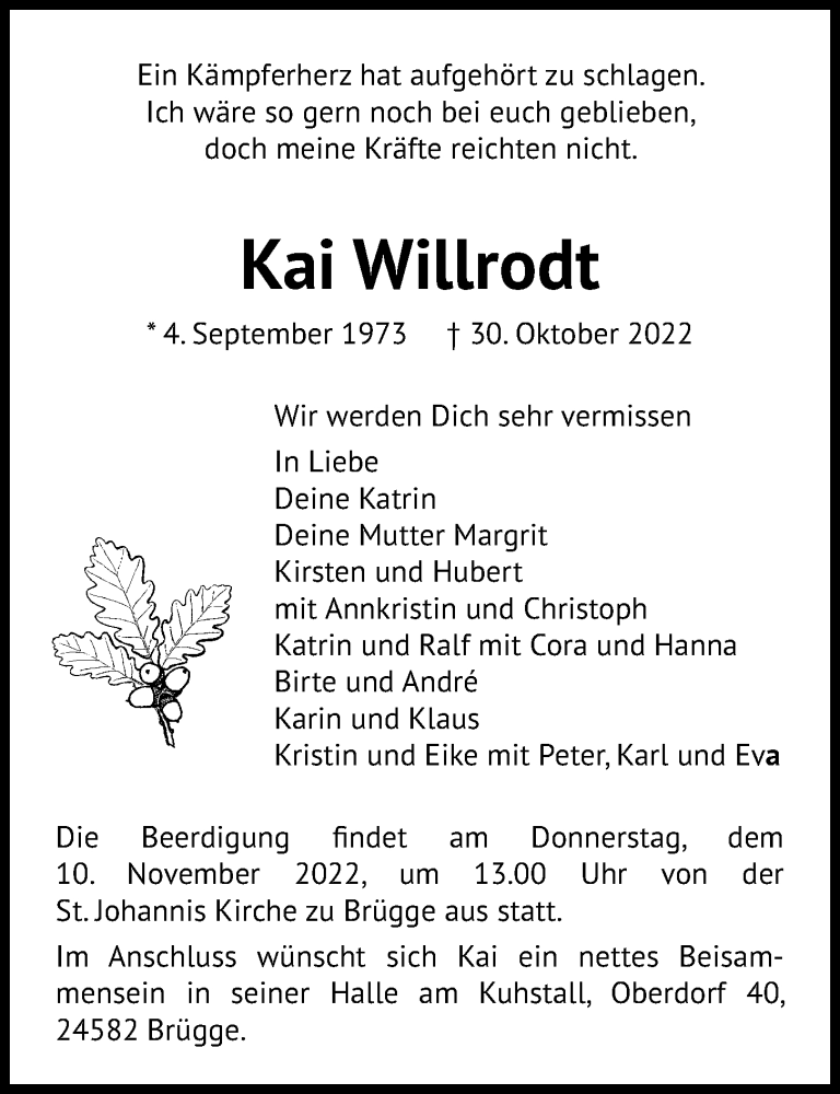  Traueranzeige für Kai Willrodt vom 05.11.2022 aus Kieler Nachrichten
