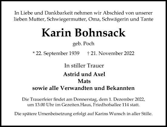 Traueranzeige von Karin Bohnsack von Lübecker Nachrichten