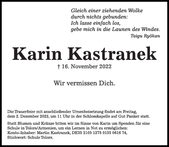 Traueranzeige von Karin Kastranek von Kieler Nachrichten