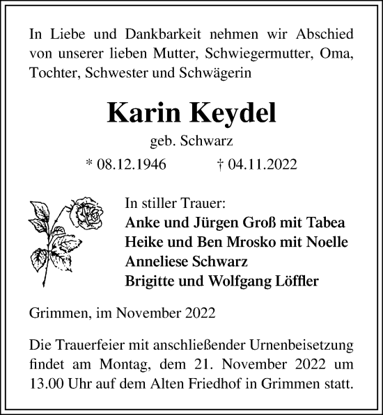 Traueranzeige von Karin Keydel von Ostsee-Zeitung GmbH