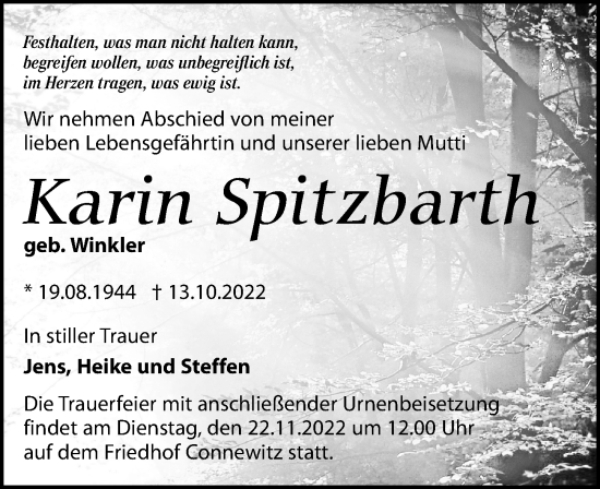 Traueranzeige von Karin Spitzbarth von Leipziger Volkszeitung