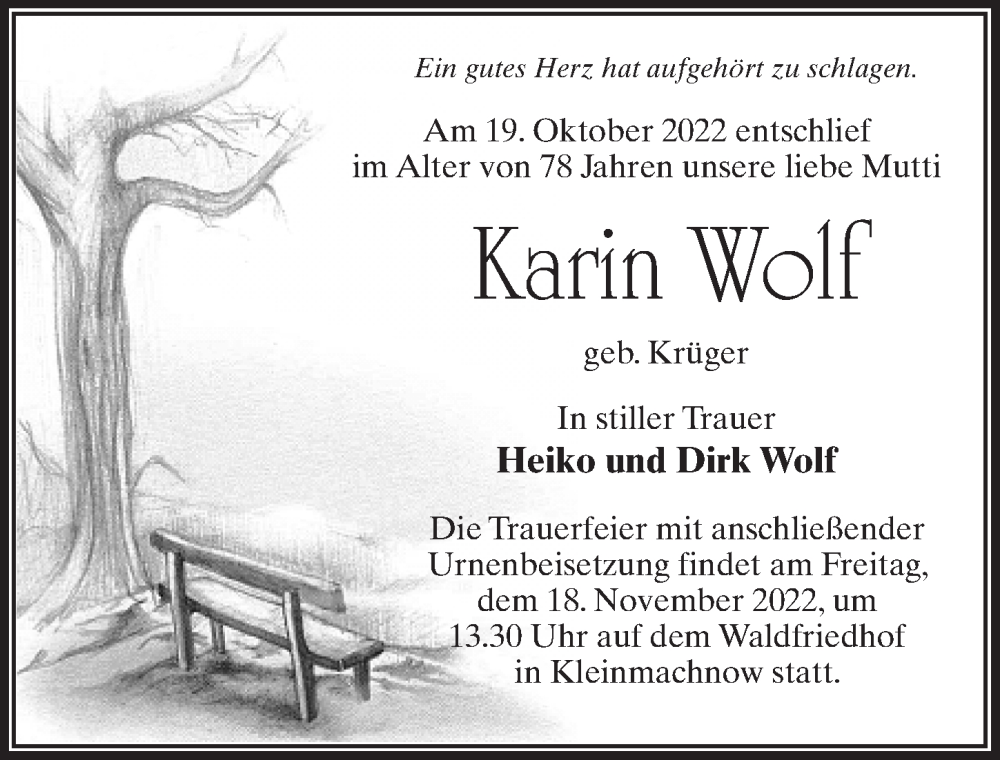  Traueranzeige für Karin Wolf vom 05.11.2022 aus Märkischen Allgemeine Zeitung