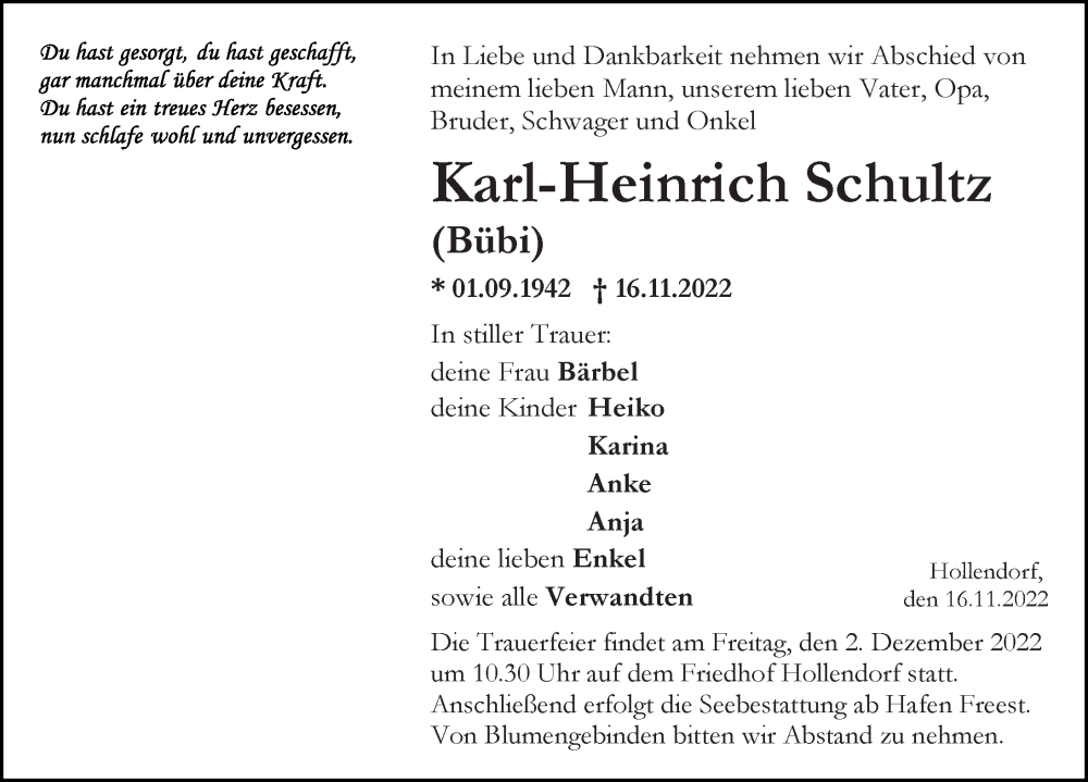  Traueranzeige für Karl-Heinrich Schultz vom 19.11.2022 aus Ostsee-Zeitung GmbH
