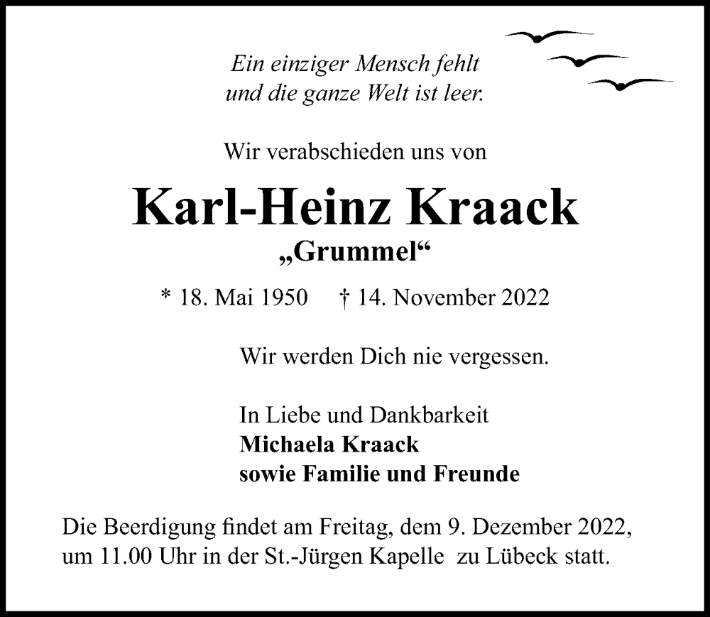  Traueranzeige für Karl-Heinz Kraack vom 27.11.2022 aus Lübecker Nachrichten