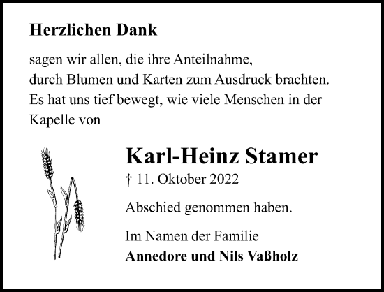 Traueranzeige von Karl-Heinz Stamer von Lübecker Nachrichten