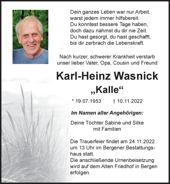 Traueranzeige von Karl-Heinz Wasnick von Ostsee-Zeitung GmbH