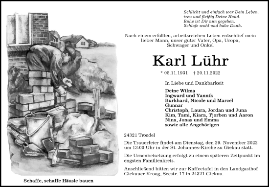Traueranzeige von Karl Lühr von Kieler Nachrichten